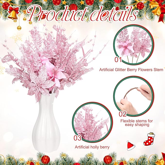18 Pack 3 Styles 17 Inch Christmas Glitter Poinsettia Berry Stems Ornaments Artificial Floral Branches Picks for Christmas Tree Home Vase Holiday Party Decor(Pink)