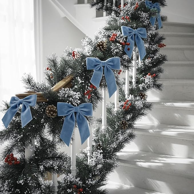 30 Pcs Velvet Ribbon Bows 5" x 4" Pre Tied Christmas Velvet Bows with Twist Tie for Gift Packaging Christmas Tree Wreaths Door Windows Wedding Party Decoration(Dusty Blue)