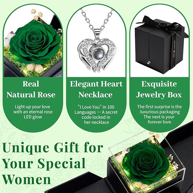 FIACO Gifts for Women Preserved Real Roses with I Love You Necklace Fresh Forever Flowers Birthday Gifts for Mom Grandma Wife Girlfriend on Anniversary Christmas Valentines Romantic Gift