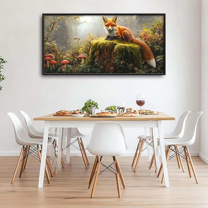 Forest Fox Large Wall Art Framed Rustic Wall Decor for Living Room Fox Mushroom Pictures Oversized Canvas Print Painting Modern Extra Large Framed Artwork for Bedroom Office 60"x30"