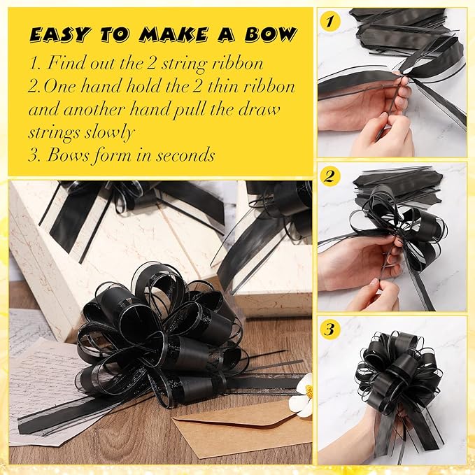 WILLBOND 20 Pieces 6 Inch Pull Bows Gift Wrapping Ribbon Pull Bows for Christmas Wedding Baskets Valentine Multicolor Wrap Accessory for Gift Present Holiday Decor(Solid Black)