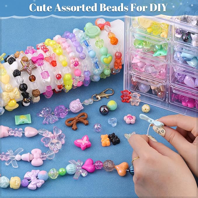 Assorted 500PCS 10 Colors Mixed Acrylic Beads for Bracelet Making, Flower Bow GummyBear Bracelet Charms,Cute Beads for Jewelry Making DIY Necklace Keychain Phone Charm Christmas Gift