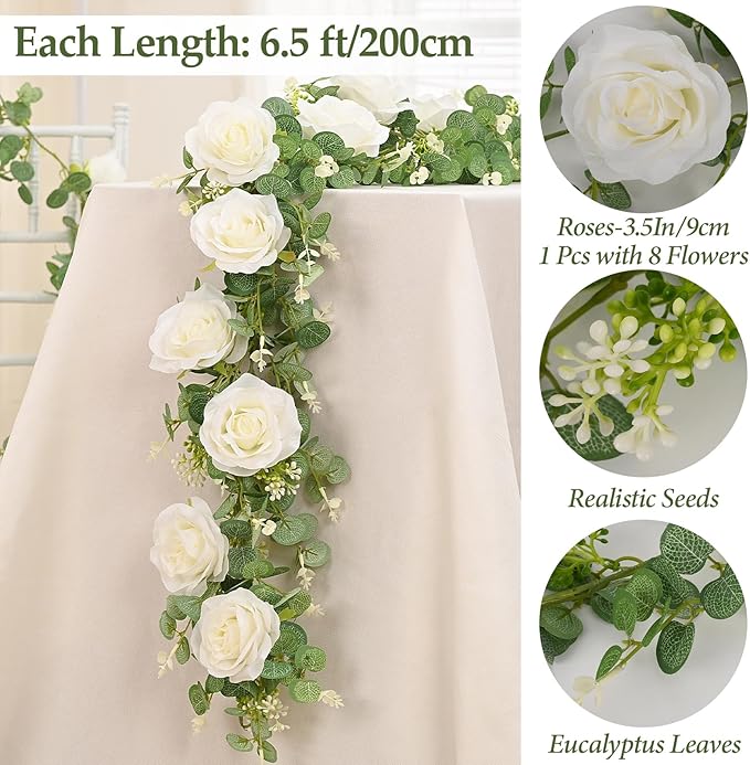 Dolicer 2Pcs 13Ft Artificial Eucalyptus Garlands with Flowers - 8 Roses, Faux Floral Greenery Garlands Fake Flowers Vines for Wedding Table Centerpieces Arch Party Ceremony Backdrop Decor (White)