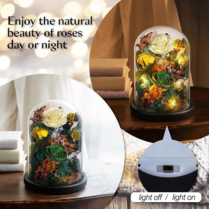 Preserved Rose with Butterfly, LED Forever Flowers in Glass Dome, Eternal Flowe for Women, Birthday Gifts for Mom Friend, Includes Greeting Card & Luxury Gift Box (Green)