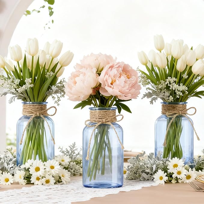 Vintage Glass Flower Vase，12 Pack Blue Farmhouse Glass Centerpiece Vases Mason Jars for Weddings, Parties & Home Decor Bulk (12, Blue)