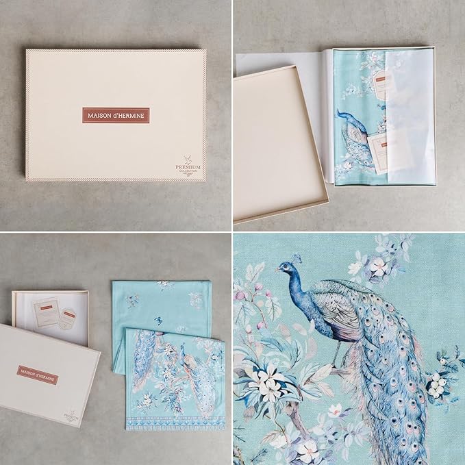 Maison d' Hermine Tablerunners 100% Combed Cotton Premium Table Runner Decorative Table Cover, Home, Kitchen, Peacock Utopia - Pastel Turquoise, Double Layer - (14.5"x72")