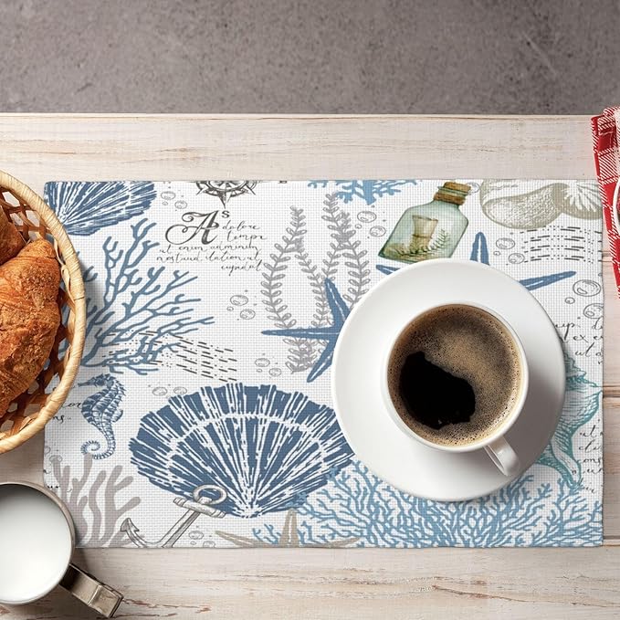 Nautical Placemats Set of 4,Summer Starfish Beach Theme Ocean Seashell,Blue Coastal Linen Fabric Table Mats for Home Kitchen Dining Party Decor 4 PCS