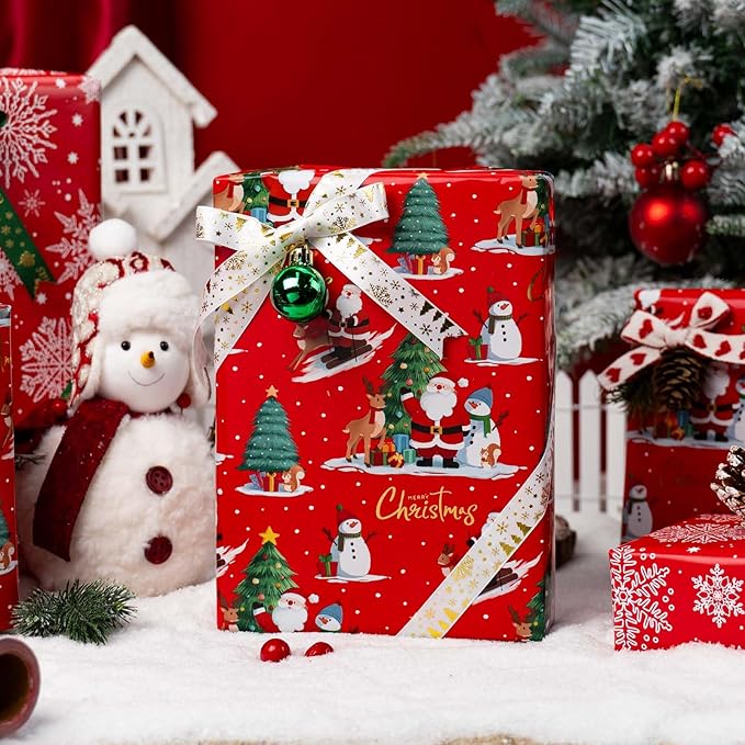 MAYPLUSS Red Christmas Wrapping Paper Roll - 17IN X 33FT - Santa Gift Wrapping Paper Featuring Christmas Tree Santa Claus Snowman Reindeer Reversible Snowflake for Kids, Holiday, New Year