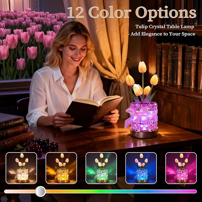 Magic Blooms for Every Moment USB Rechargeable Remote-Controlled Tulip Crystal Lamp, 12 Color Changing, 4 Flash Modes, Perfect for Home Decor, Gifts for Mom, Wife, Girlfriend, and Sister