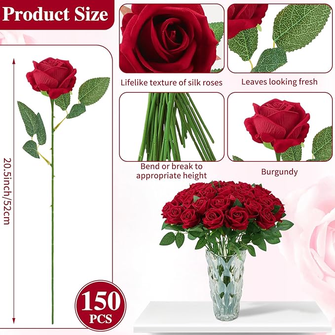 150 Pcs Roses Artificial Flowers, Silk Crimson Burgundy Artificial Flowers Petals Long Stem Roses for Wedding Bouquet Home Party Decor