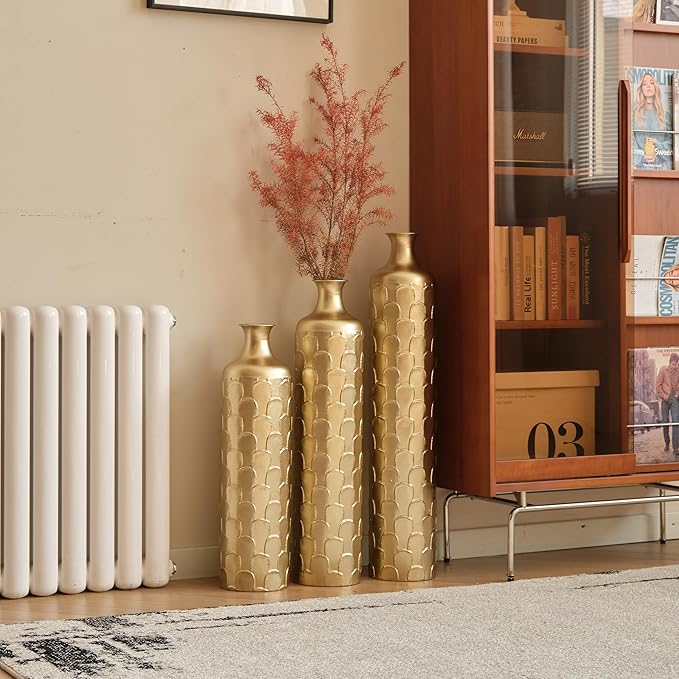 Floor Oversized Gold Metal Decorative Vase with 3D Triangle Pattern Set of 3 Large Vases for Home Living Room 33.5 ", 29.5 ", 25.2" High (Gold)