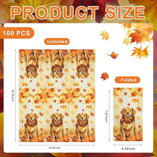100pcs Maple Leaves Golden Retriever Napkins 3-Ply Thanksgiving Napkins for Decoupage Disposable Guest Hand Towels for Bathroom Home Kitchen Table Harvest Party