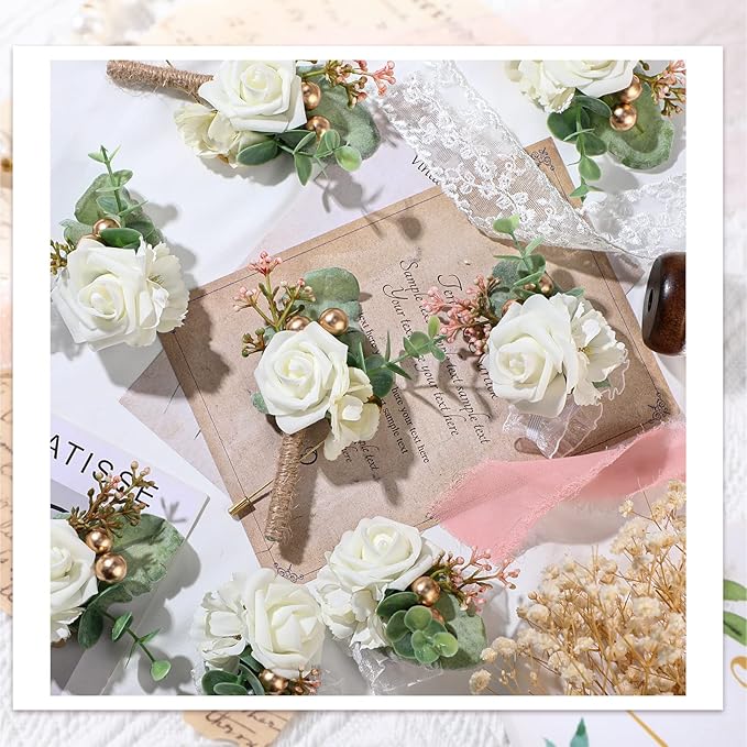 12 Pcs Wedding Wrist Corsage and Boutonniere Set Rose Wrist Corsage for Prom Boutonniere for Men Wedding Flowers Accessories Prom Suit Decorations for Wedding Ceremony Anniversary (Creamy White)