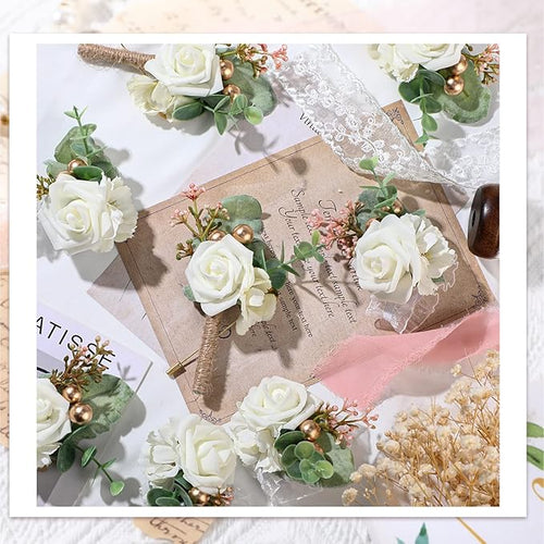 12 Pcs Wedding Wrist Corsage and Boutonniere Set Rose Wrist Corsage for Prom Boutonniere for Men Wedding Flowers Accessories Prom Suit Decorations for Wedding Ceremony Anniversary (Creamy White)