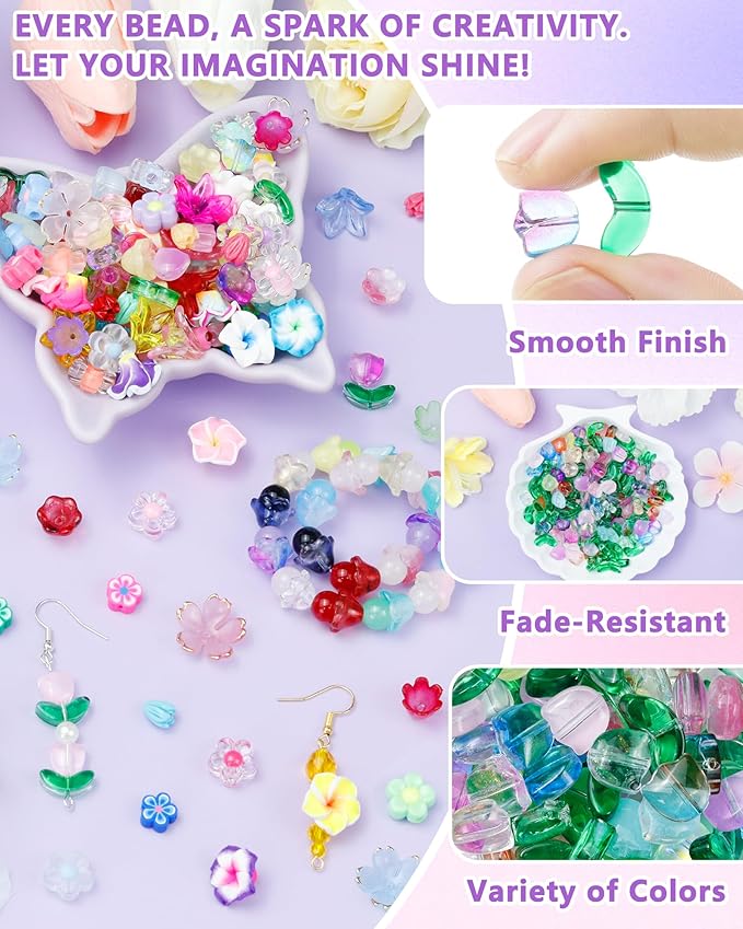 FIVEIZERO 340PCS Glass Tulip Flower Beads, 17 Colors Crystal Floral Bead Charms for Bracelets, Necklaces & DIY Jewelry Making Crafts