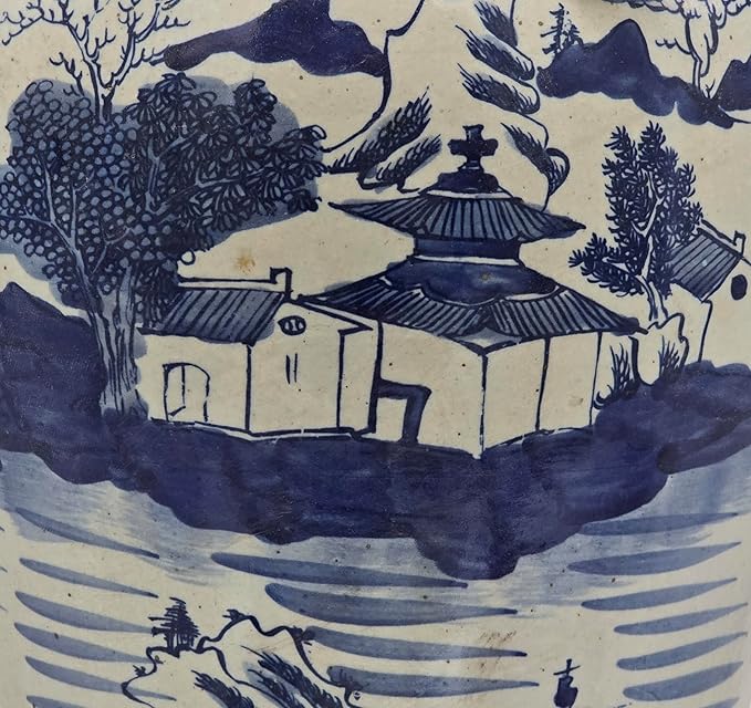 19" Antique Like Finish Blue and White Ginger Jars Porcelain Temple Ceramic Ginger Jar Vase, Antient Landscape China Ming Style, Jingdezhen (L19)