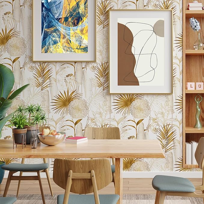 Gold/White Chrysanthemum Floral Peel and Stick Wallpaper - Tropical Palm Leaf Vintage Floral Contact Paper - Removable Wallpaper Vinyl Self Adhesive for Living Room Bedroom Shelf - 236.2"x17.71"