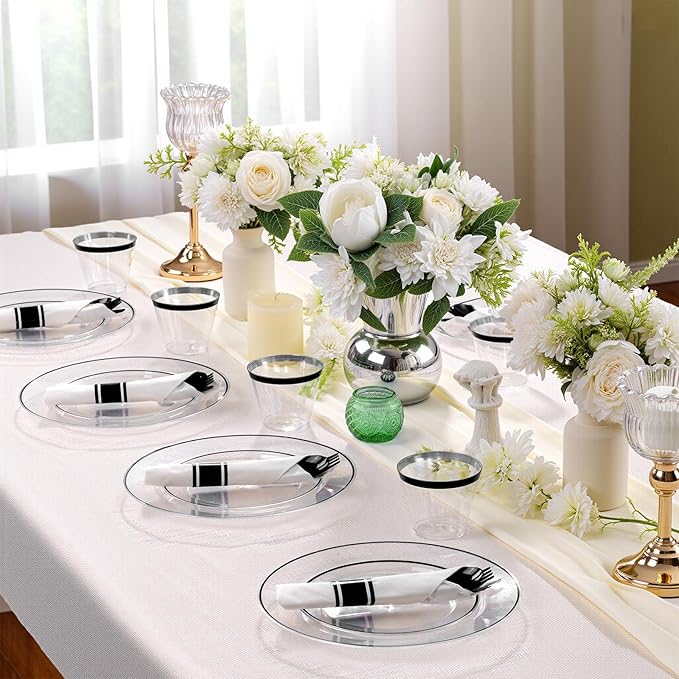 SUT 350 Pcs Black and Clear Plastic Dinnerware Set for 50 Guests, Include: 50 Dinner Plates, 50 Dessert Plates, 50 Pre Rolled Napkins With Silverware, 50 Cups, Disposable Plates for Party