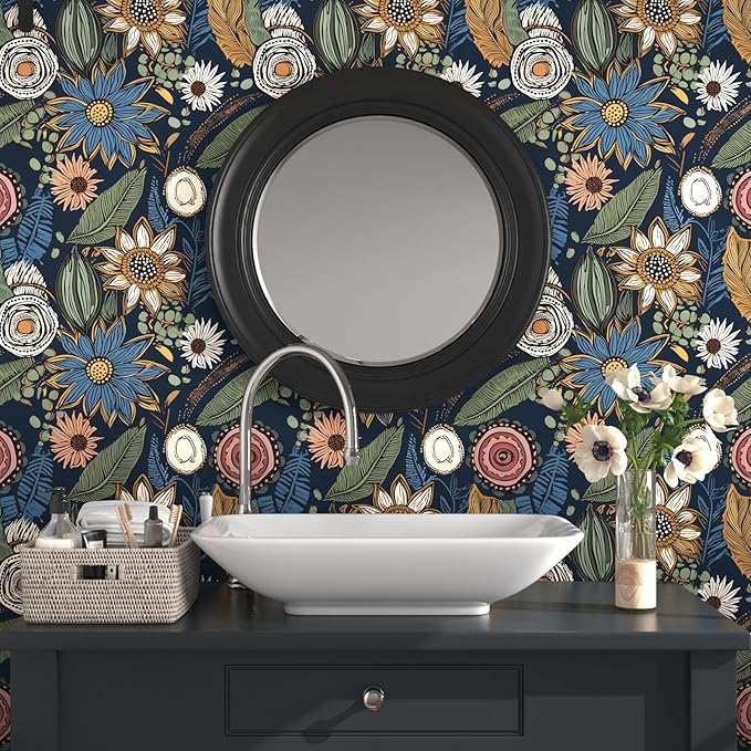 Boho Wallpaper Peel and Stick, Dark Vintage Floral Contact Paper, Retro Botanical Flower Wall Paper Self Adhesive Removable Waterproof for Walls Shelf Cabinet Table 17.5" x 78.7" (Blue,Yellow, Green)