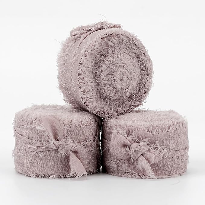 MEEDEE Dusty Rose Chiffon Ribbon 1 Inch Fringe Ribbons Pink Chiffon Silk Frayed Edge Ribbon Thin Chiffon Ribbons for Crafts, Gift Wrapping, Wedding Invitation (3 Rolls 21 Yards)