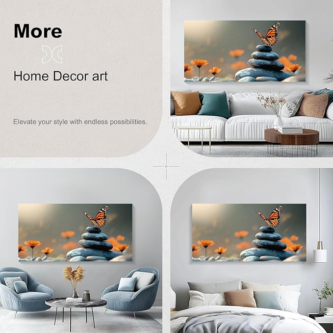 Iallbin Zen Stone Wall Art & Zen Wall Decor, Dark Smooth Rounded Stones Small Star-Shaped Golden-Yellow Flowers-for Yoga Meditation Room, Spa & Bathroom, Orange Monarch butterfly Art Deco Style, 58x29 Inches