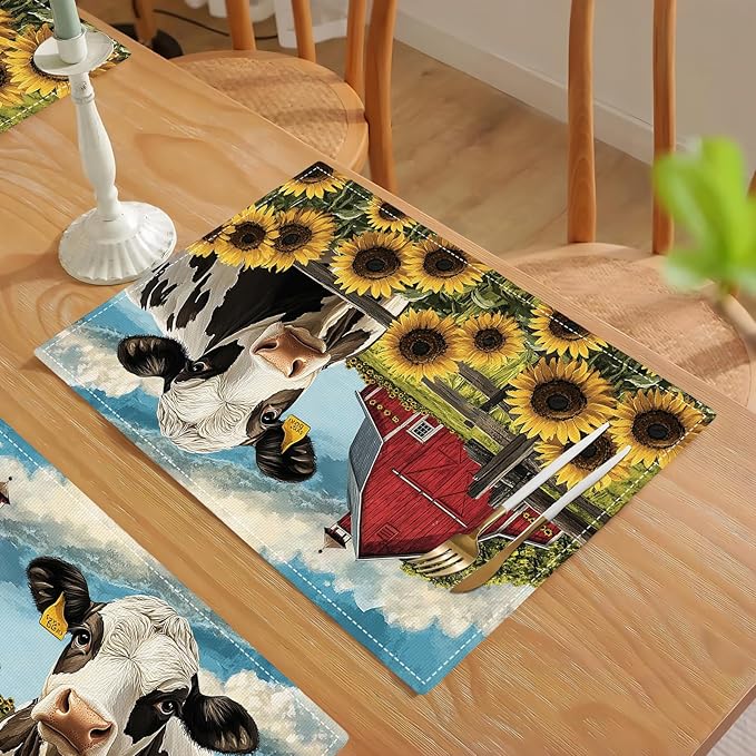 Farmhouse Sunflowers Cow Placemats Set of 6, Country Barn Place Mats, Rustic Flowers Cow Dining Table Mats, Washable Placemats for Kitchen Dining Room Home Decor 18L'' × 12W''