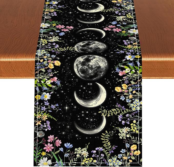 Wild Floral Table Runner, Boho Spring Gothic Moon Phase Wildflower Mystical Witchy Farmhouse Coffee Table Center Decor for Home Kitchen Dining Patio Holiday Party Table Decorations 13x72 inches