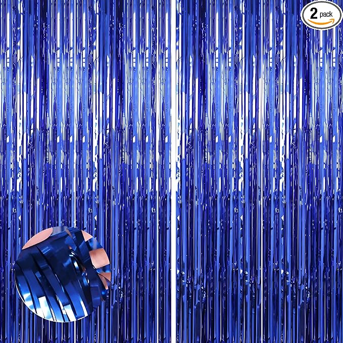Keyali 2 Pack 3.3 * 8.3 ft Foil Curtain Metallic Tinsel Fringe Curtains Photo Booth Props Backdrop for Birthday Wedding Engagement Baby Shower Christmas Holiday Celebration Partyl,Blue