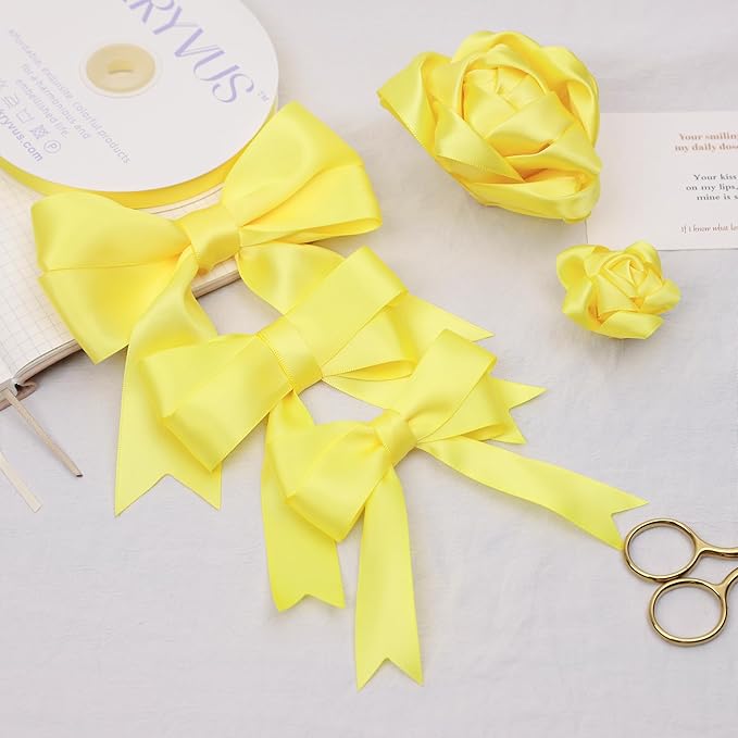 Lemon Yellow Satin Ribbon, Double Faced 7/8 Inch X 50 Yards Lemon Yellow Ribbon, Premium Satin Ribbon for Gift Wrapping, Crafts, Hair Bow Making, Sewing, Flower Bouquet, Wedding Party Decor