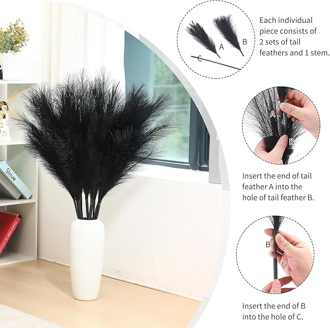 9 Stems Black Pampas Grass - 38 Inch Tall Faux Pompous Grass Decor, Long Artificial Pompas Floral for Gothic Room Decoration, Wedding Flower Arrangement, Halloween and Home Decor (Black)