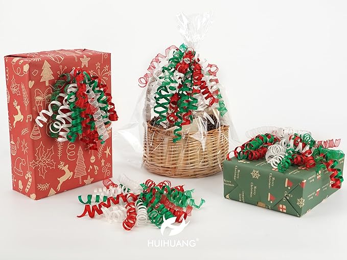 HUIHUANG Christmas Bows for Gift Wrapping Red/White/Green Curly Bows with Self Adhesive & Twist Tie, 7 inch X-mas Ribbon Bow for Presents, Gift Basket, Fall Decor, Party Favors- 6 Counts