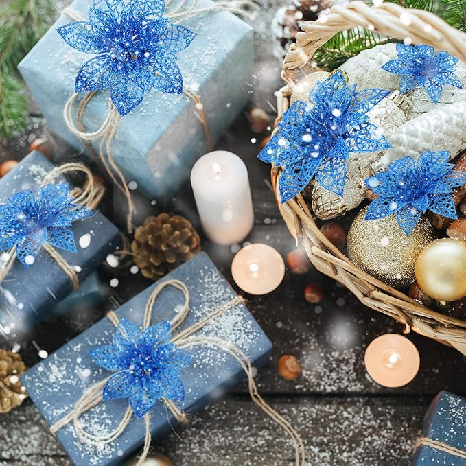 Boao Blue 24 Pieces Poinsettia Flower Christmas Glitter Artificial Poinsettia with Clips Christmas Tree Ornament Decorations for DIY Xmas Wreath Holiday Home Party Decor, 3/4/6 Inches