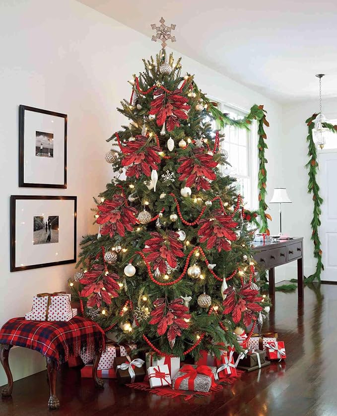 31" Burgundy Christmas Glitter Leaves Spray, Artificial Glitter Long Stems Christmas Tree Picks and Sprays Christmas Decoration Picks Xmas Tree Garland Wreath Autumn Winter Home
