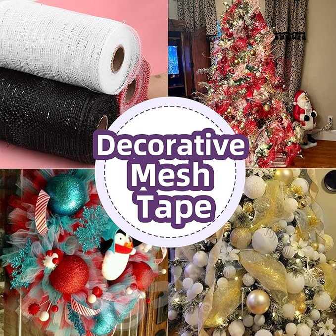 Swpeet 3 Rolls 6 Inches Mesh Ribbon Glitter Metallic Wrapping Ribbon Kit, Glitter Tulle Fabric Spool Ribbon Metallic Foil Mesh Ribbon for DIY Project Wreaths Party Decorations Wrapping Craft