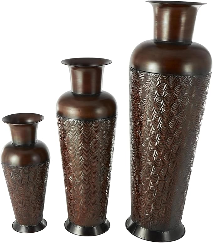 Deco 79 Metal Decorative Vase Tall Centerpiece Vases with Geometric Designs, Set of 3 Vases for Home Decoration 53", 40", 27" H, Dark Brown
