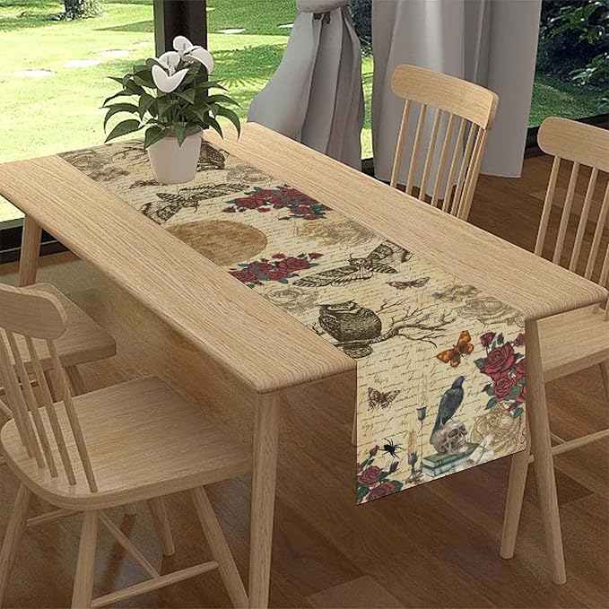 Gothic Floral Table Runner, Retro Dark Skull Moth Vintage Flower Halloween Day of Death Witchy Coffee Table Center Decor for Home Kitchen Dining Patio Holiday Party Table Decorations 13x90 inches