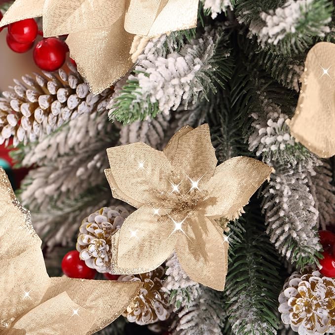 WILLBOND 24 Pcs 3 Size Poinsettia Flower Artificial Christmas Decor Glitter Poinsettia Christmas Ornaments Faux Flowers for Xmas Tree Outdoor(4/6/7.9 Inches,Champagne)