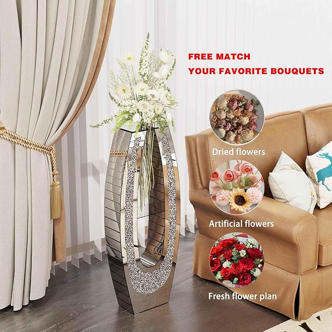 35.82" Tall Mirror Floor Vase, Modern Silver Glass Acrylic Crystal Diamond Flower Vase, Decorative Large Floor Standing Vase for Living Room, Office