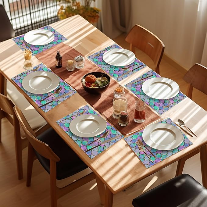 Mermaid Purple Placemats Set of 6,Washable Heat Resistant 12×18 Inch Linen Table Mats Fish Scales Place Mats for Party Outdoor Dining Décor