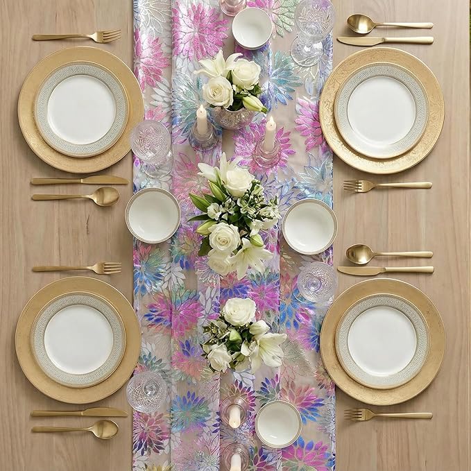 Artoid Mode Multicolor Gold Dahlia Flower Gauze Table Runner 120 Inch 10FT, Glitter Metallic Foil Sheer Cheesecloth Dining Holiday Table Decor for Home Party