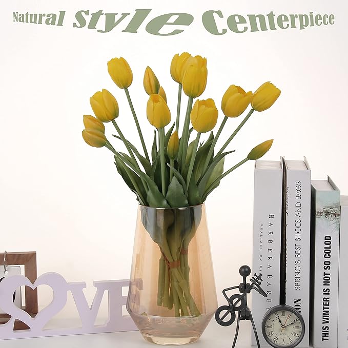 20pcs Artificial Tulip Flowers,16 Inch Real Touch Tulip Stems with Faux Leaves, Faux Tulips and Buds for Home Décor Centerpiece Ornament Wedding Bouquet,Yellow