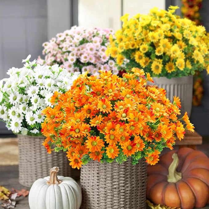 10pcs Outdoors Artificial Mum Flowers UV Resistant Daisy Fake Silk Chrysanthemum Greenery Faux Eucalyptus Plants for Spring Summer Garden Patio Window Box Planter Home Decor(Yellow)