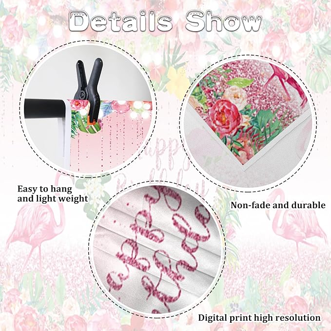 Renaiss 10x7ft Pink Flamingo Happy Birthday Backdrop Tropical Leaves Floral Hoop Winkle Hawaiian Photography Background Luau Aloha Party Decor Girls Birthday Photo Props Dessert Gift Table Banner