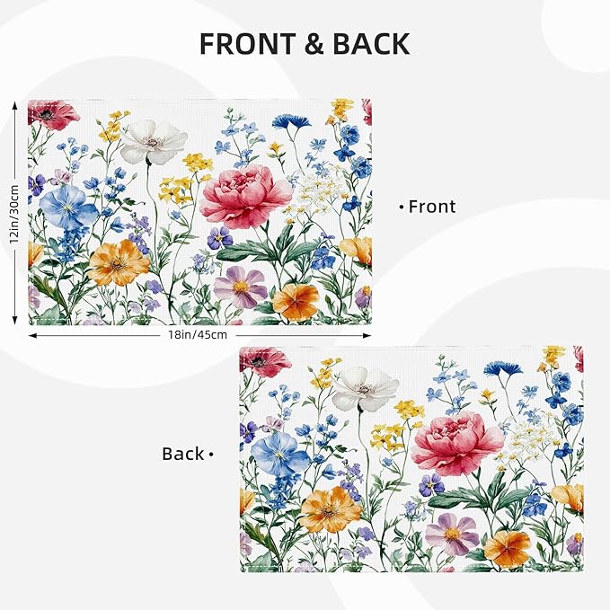 Poppy Floral Placemats Set of 6, Watercolor Wildflower Place Mats, Leaves Spring Dining Table Mats, Washable Flower Placemats for Kitchen Dining Room Home Decor 18L'' × 12W''