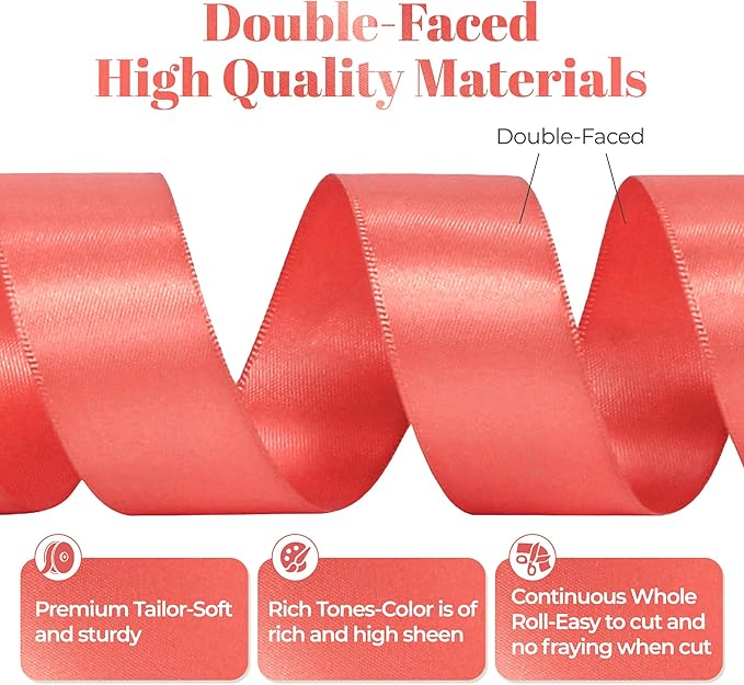 Coral Satin Ribbon, Double Faced 1 Inch X 25 Yards Coral Ribbon, for Gift Wrapping, Crafts, Hair Bow Making, Sewing, Flower Bouquet, Wedding Party Decor