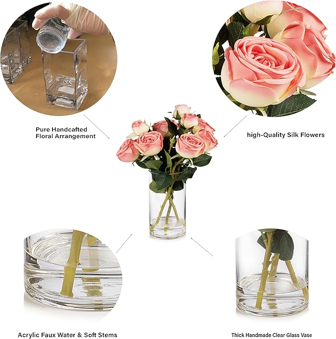 ENOVA FLORAL 9 Heads Silk Rose Artificial Flowers in Vase,Faux Rose Flowers Arrangement in Vase with Faux Water for Table Decor Centerpieces (Dark Pink)