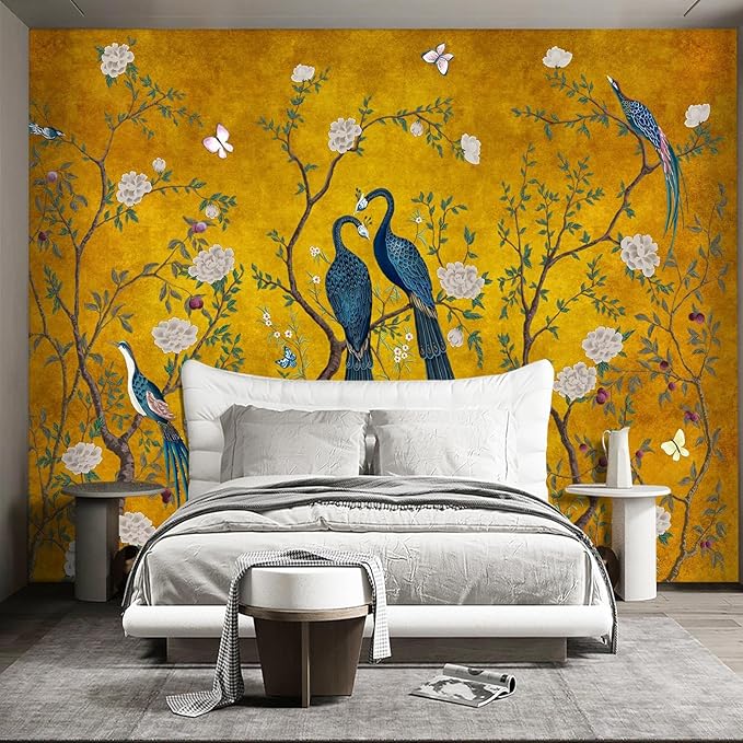 WXHFM - Golden Chinese Style Flowers Birds Large wall murals Peel and Stick Wallpaper for Bedroom Living Room - 58"x86"