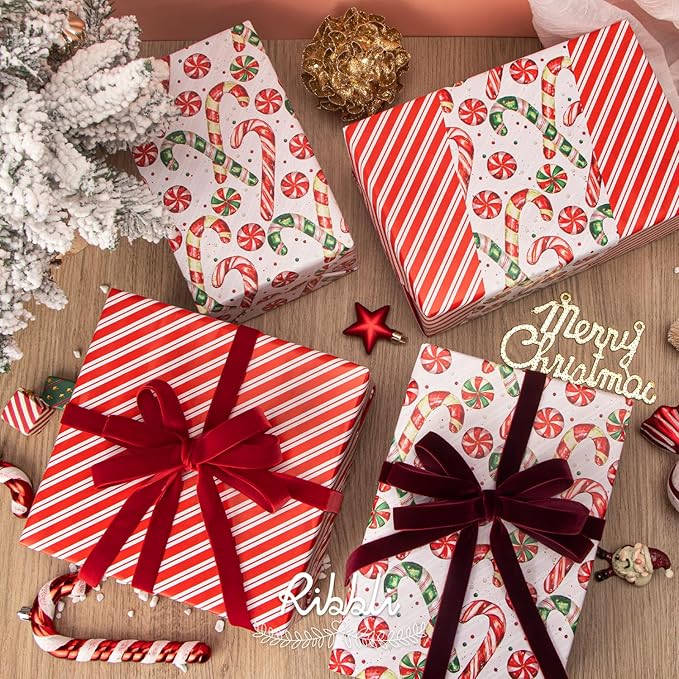 Ribbli 4 Rolls Velvet Ribbon, 3/8 Inches 5-Yard Each Roll, Christmas Ribbon for Gift Wrapping, Christmas Tree Decoration, Home Decor-Red/Green/Burgundy/Khaki