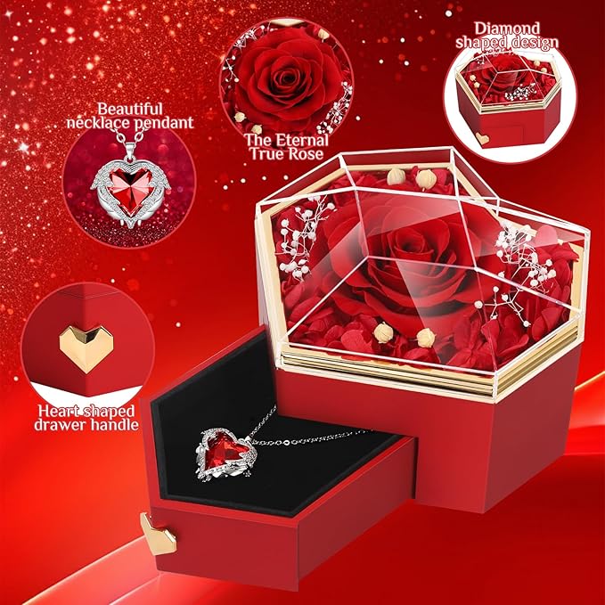 Preserved Red Real Rose with Necklace Forever Flowers Diamond Shaped Box for Mom Wife Girlfriend Grandma on Mothers Day Birthday Valentines Christmas Anniversary Beatiful Gifts for Women…