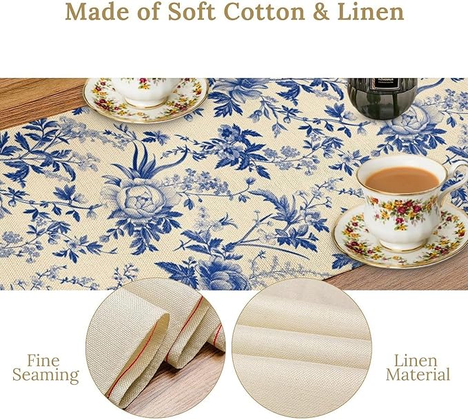Vintage Blue Floral Table Runner, Retro Country Flowers Botanical Design Table Runner for Kitchen Dining Home Party Outdoor Indoor Decor, 13x60 Inch